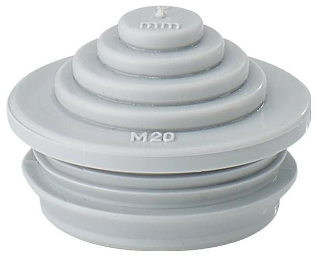 Grijze, trapsgewijze, ronde kunststof plug met het opschrift 'M20'. Wordt gebruikt voor afdichting binnen kabelwartelbevestigingen.