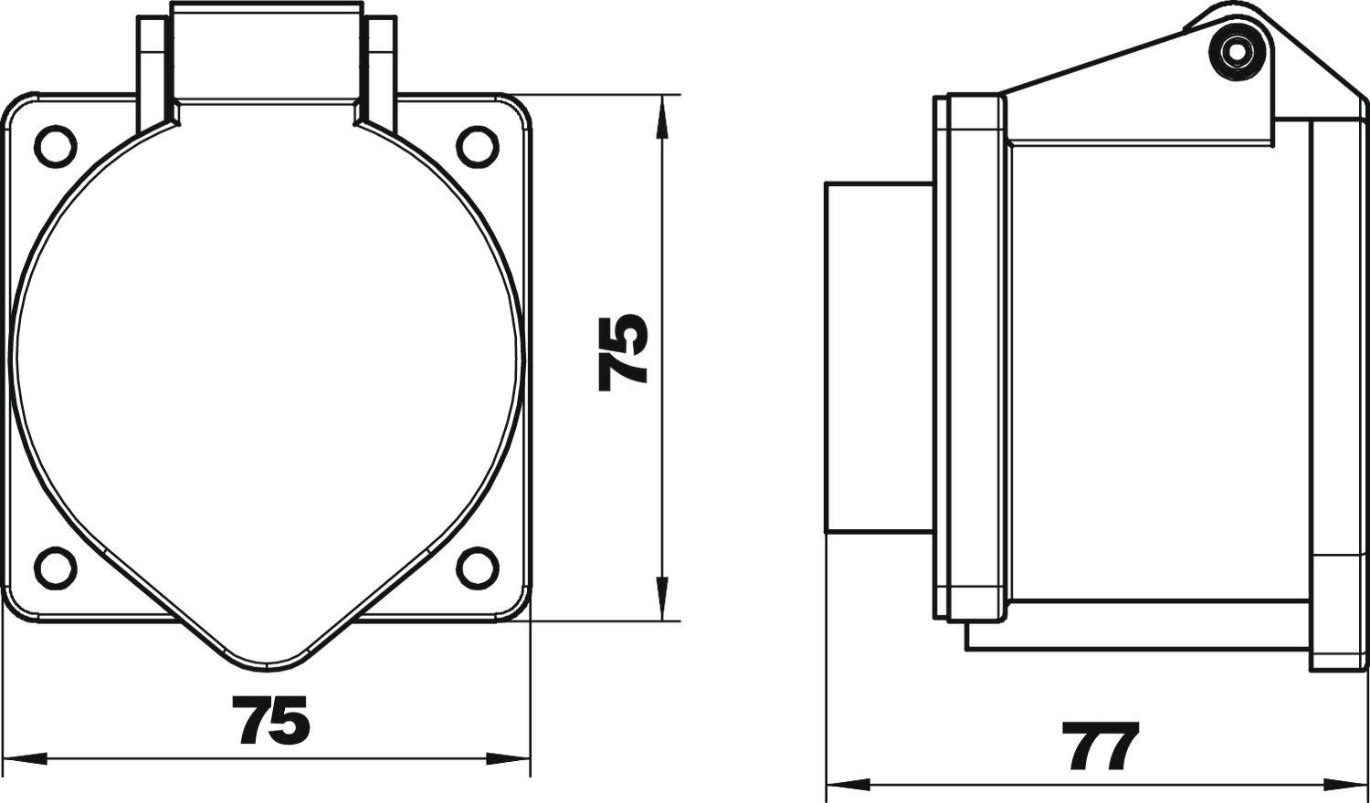 Technische tekening toont de voor- en zijaanzicht van een vierkante stekker met afmetingen van 75 mm en 77 mm.
