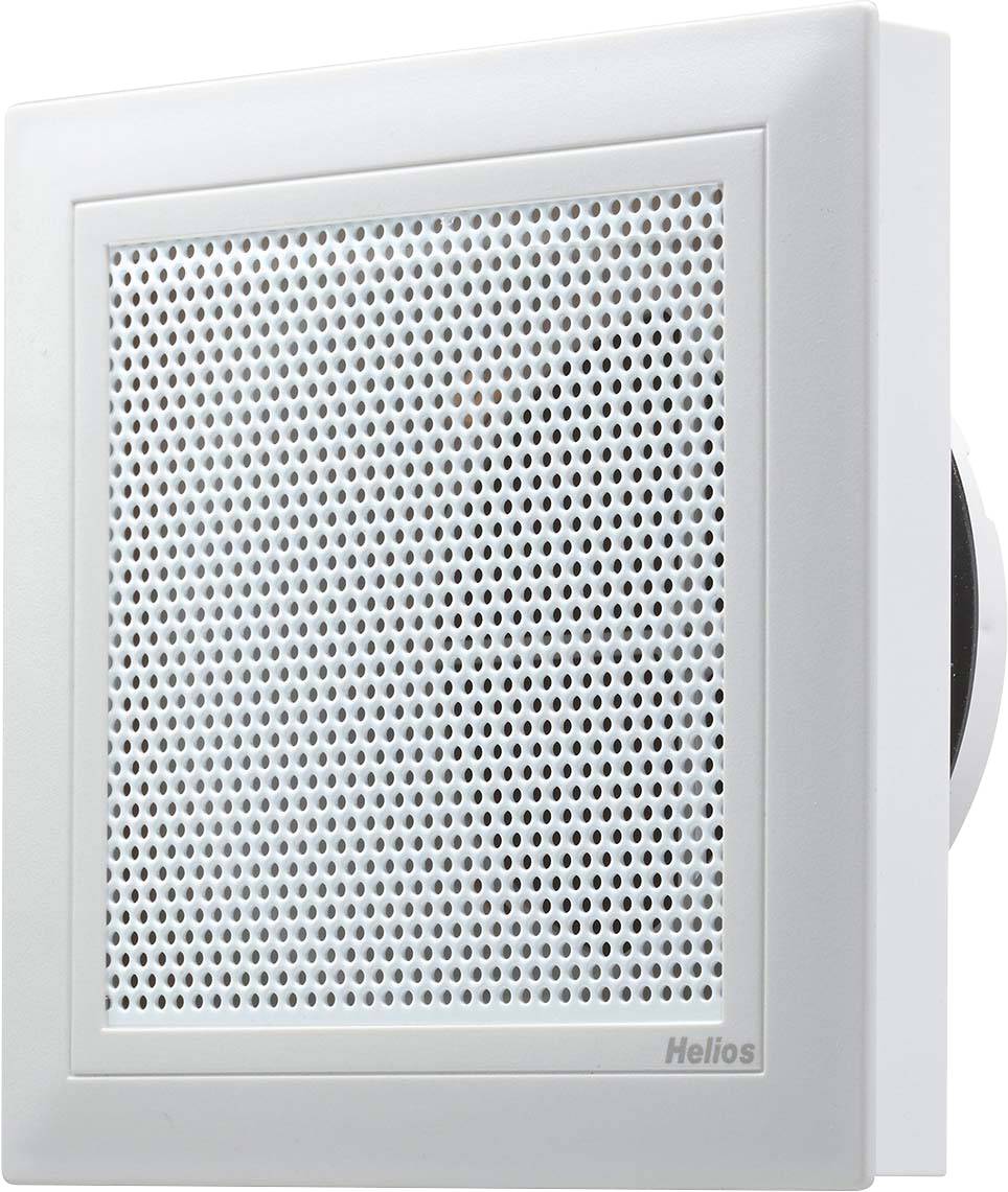 Ventilatierooster in vierkante vorm, met een fijn, zilverkleurig rasterpatroon, gemarkeerd met het 'Helios' logo.