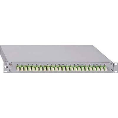 Patchpanel met 24 groene poorten, genummerd van 1 tot 24, voor de organisatie van glasvezelkabelverbindingen in een netwerk.