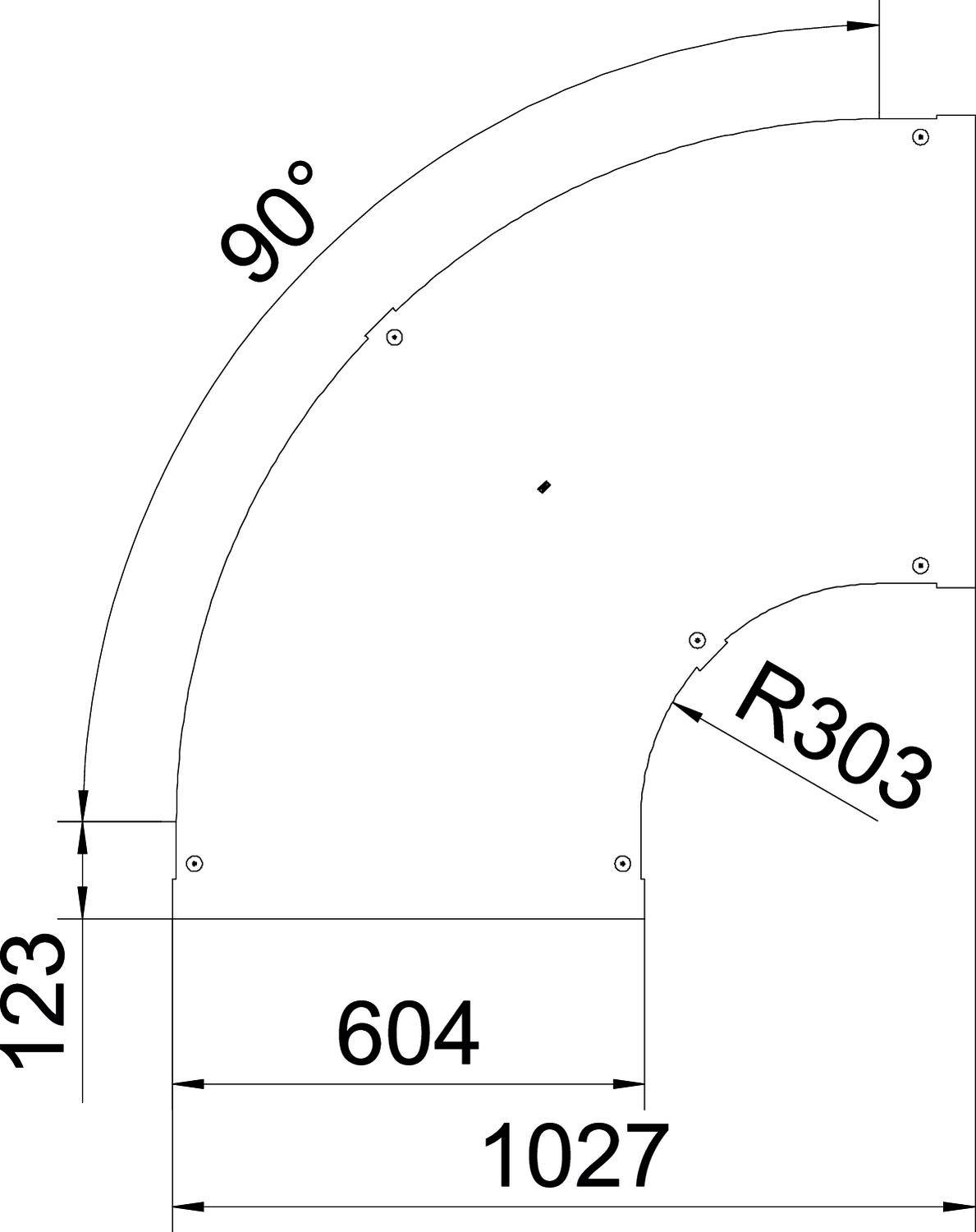 Technische tekening van een 90-graden hoekstuk met maatvoering: gekromde straal R303, hoogte 123 mm, breedte 604 mm en diepte 1027 mm.