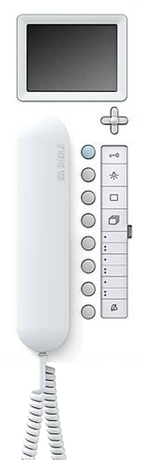 Een wit bedieningspaneel met meerdere knoppen en een hoorn, vermoedelijk een intercomsysteem met display en functies voor deurcommunicatie.