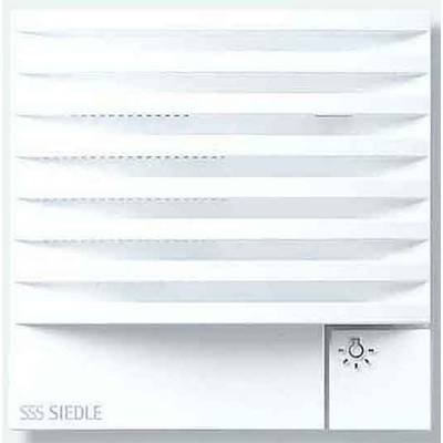Een witte Siedle deurintercom met horizontale lamellen en een volumeregelaar rechtsonder.