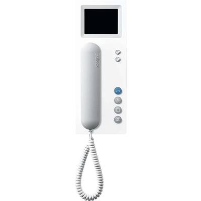 Een wit deurintercom-module met hoorn, een klein scherm en vier knoppen, waaronder een met een sleutelsymbool.