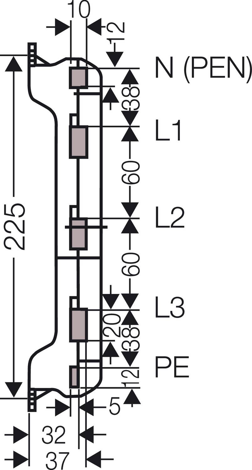 Bedradingsschema van een elektrische verdeler met aanduidingen: N (PEN), L1, L2, L3, PE. Afmetingen: hoogte 225, breedte 42 mm.