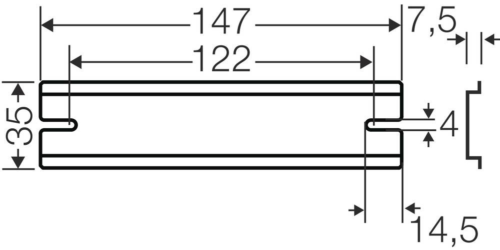 Technische tekening van een rechthoekig object met afmetingen: breedte 147 mm, hoogte 35 mm. Bevat details over binnen- en buitenafmetingen.