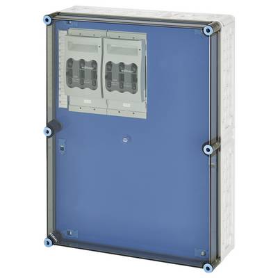 Elektrische verdeelkast met een blauwe afdekking, twee veiligheidsschakelaars zichtbaar. De behuizing heeft zwarte bevestigingselementen aan de hoeken.
