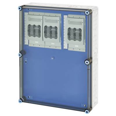 Elektrische schakelkast met transparante deksel, toont de binnenliggende zekeringseenheden. Behuizing in blauw en wit.