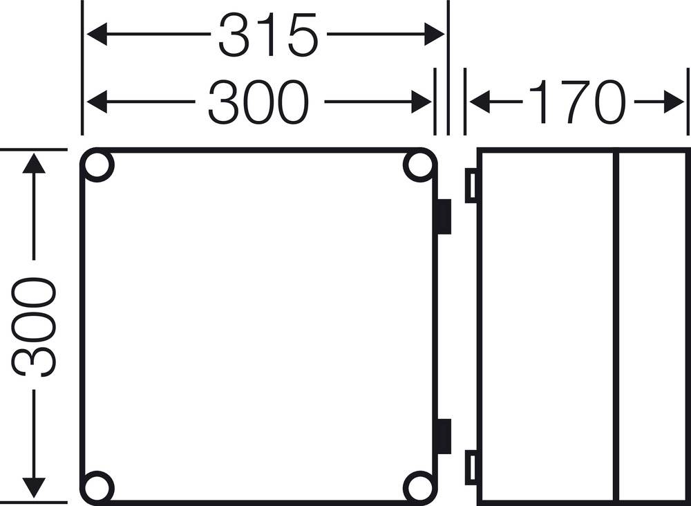Technische tekening van een rechthoekige behuizing met afmetingen 300x315x170 mm. Toont voor- en zijaanzicht met maatvoering.