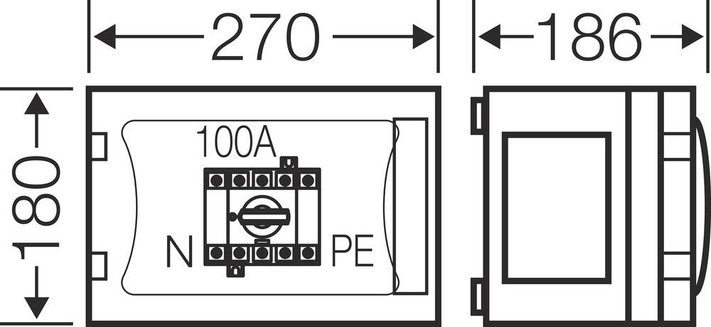 Technische tekening van een apparaat met afmetingen 270 x 180 x 186 mm, toont elektrische aansluitpunten voor 100A, N en PE.