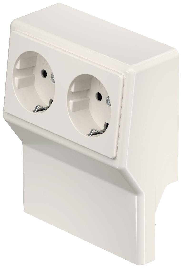 Dubbele wandcontactdoos in wit kunststof behuizing, geschikt voor wandmontage. Ideaal voor elektronische apparaten in huis of op kantoor.