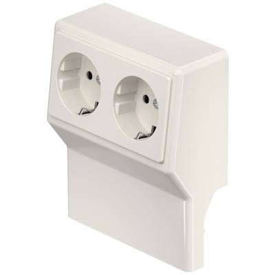 Dubbele wandcontactdoos in wit kunststof behuizing, geschikt voor wandmontage. Ideaal voor elektronische apparaten in huis of op kantoor.