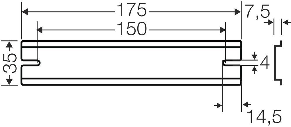 Technische tekening van een rechthoekig object met afmetingen: lengte 175 mm, binnenlengte 150 mm, breedte 7,5 mm, hoogte 35 mm.
