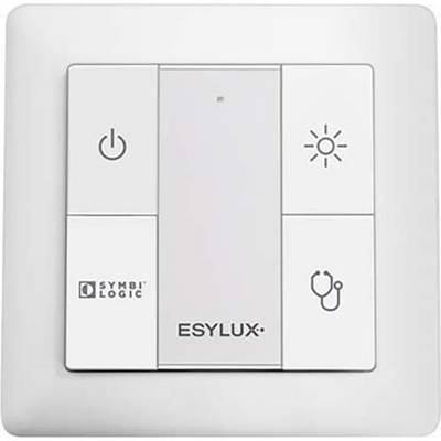 Lichtschakelaar met vier symbolen: Aan-/Uit-schakelaar, helderheid, Symbi Logic-logo, pictogram voor artsenpraktijk. Merk: ESYLUX.
