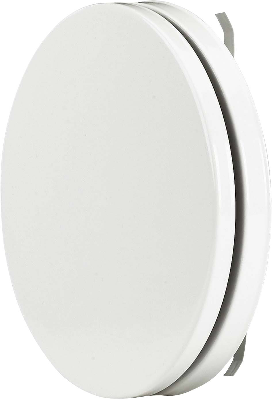 Een witte, ronde kunststof afvoerventiel-afdekking, licht uitstekend, tegen een neutrale achtergrond.