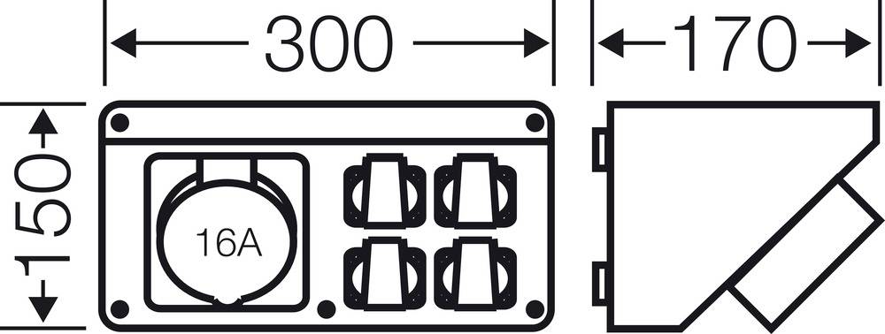 Diagram van een elektrische stekkenverdeler met afmetingen: 150mm x 300mm x 170mm. Toont een 16A-stopcontact en vier reguliere aansluitplaatsen.