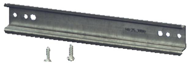 Metalen rail met gaten naast twee schroeven, vermoedelijk bedoeld voor montage aan een muur of een ander oppervlak.
