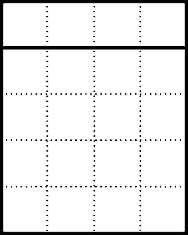 'Rasterdiagram met vijf kolommen en vijf rijen, rechthoekig, bovenaan afgebakend door zwarte lijnen.'