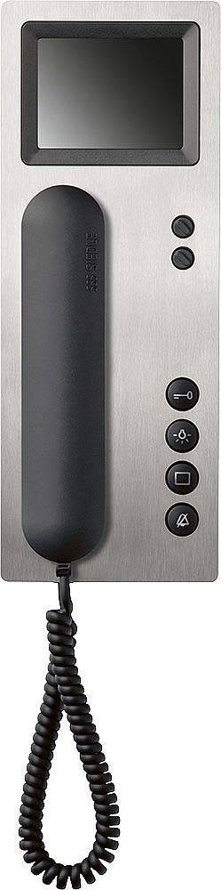 Intercom met hoorn, scherm en vier toetsen voor deurbediening.