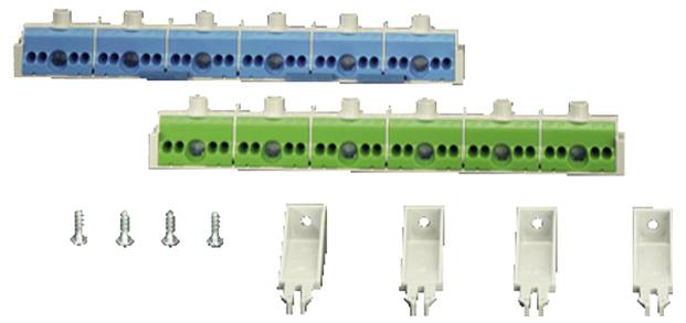 Hoofdklem in blauw en groen met schroeven en bevestigingsbeugels. Gebruikt voor elektrische aansluitingen en distributie in de schakelkast.