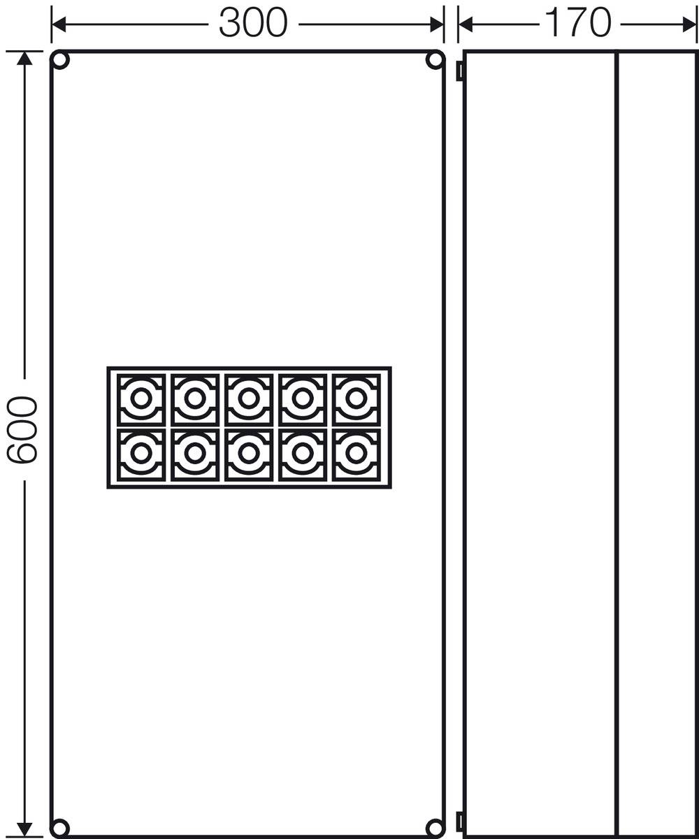Technische tekening van een rechthoekig apparaat. Afmetingen: 300 x 600 mm. Toont een vooraanzicht met twaalf cirkelvormige elementen.