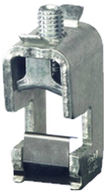 Een zilveren metalen klem met schroef voor het bevestigen van kabels of leidingen aan een drager of rail.