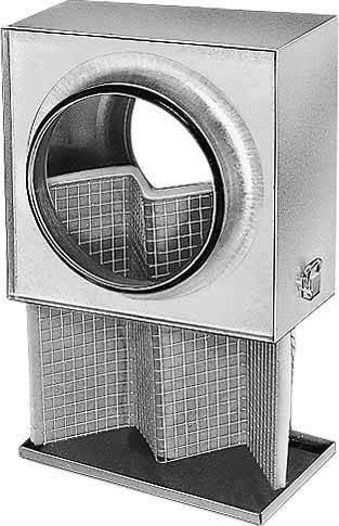 Luchtkanaal rond plafondventilator in een rechthoekige metalen behuizing. Filterelementen zijn zichtbaar. Wordt gebruikt voor ventilatie.