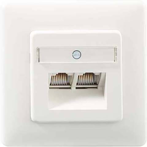 Witte wandcontactdoos met twee RJ45-poorten, gemonteerd op een wandplaat.