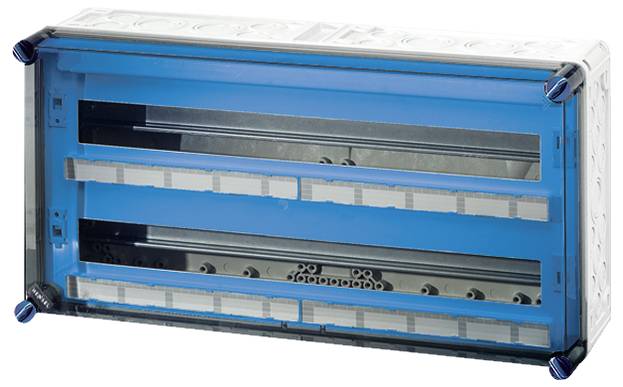 Blauwe elektrische verdeelkast met transparante deksel, geschikt voor het monteren van elektrische zekeringen of schakelapparatuur.