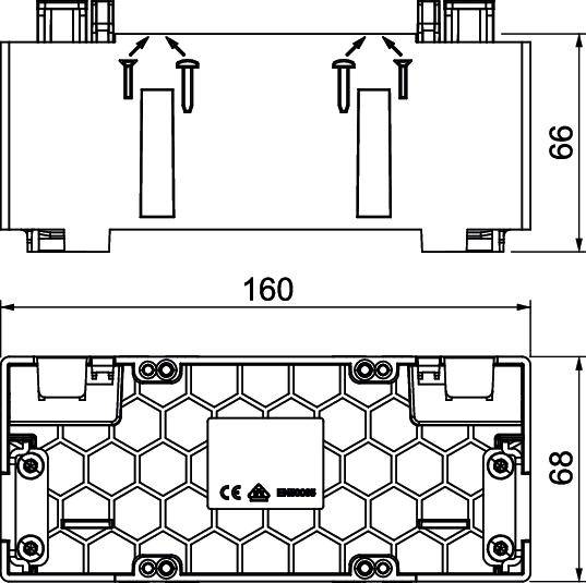Technische tekening van een rechthoekig apparaat met afmetingen van 160 mm lengte en 66 mm hoogte. Boven: aansluitingen; onder: zeshoekpatroon.