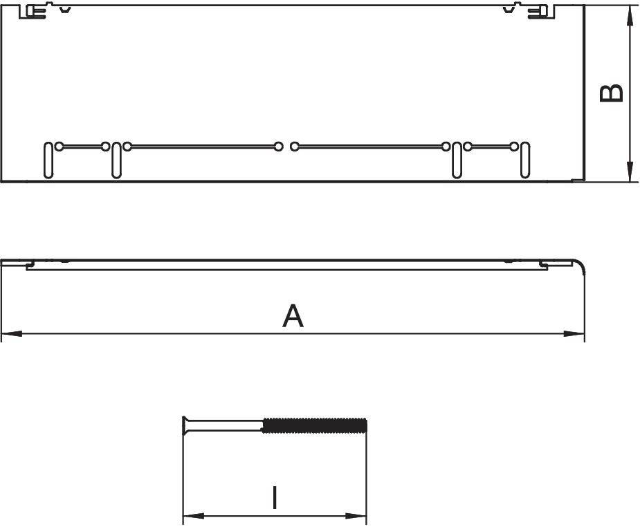 Technische tekening toont drie aanzichten van een rechthoekig onderdeel. Maten A, B en I zijn aangegeven. Toont boringen en randen.