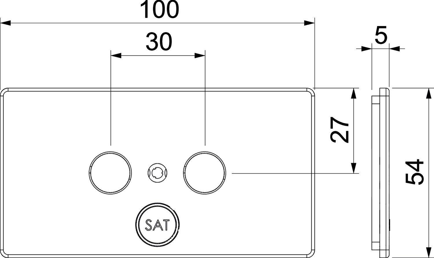 Technische tekening van een rechthoekige SAT-doos. Afmetingen: 100 mm breedte, 54 mm hoogte, 5 mm diepte. Twee ronde aansluitingen, centraal gemarkeerd met 'SAT'.