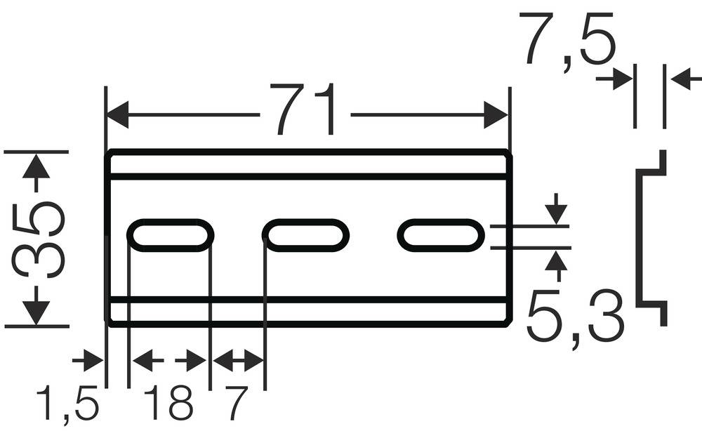 Technische tekening van een rechthoekig object met drie ovale openingen. Afmetingen: 71 mm lang, 35 mm hoog, 5,3 mm gathoogte.