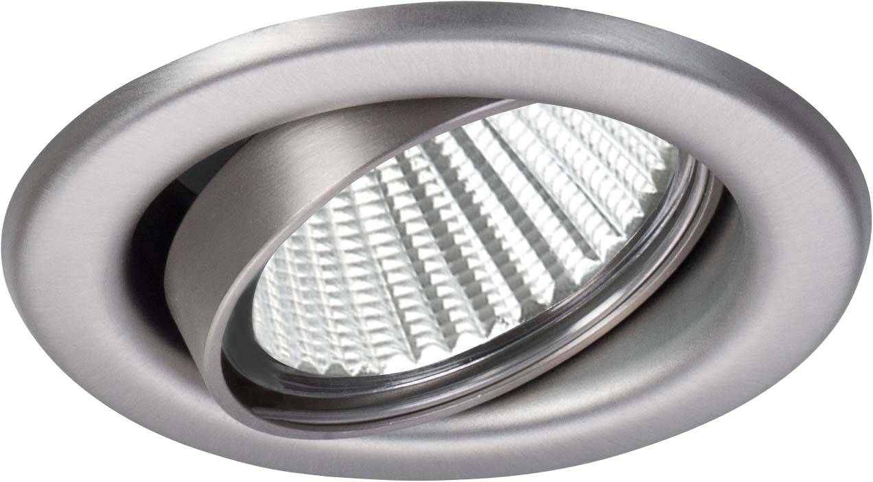 Een zilveren, ronde inbouwspot met rasterachtige reflector, licht kantelbaar, geschikt voor moderne plafondverlichting.