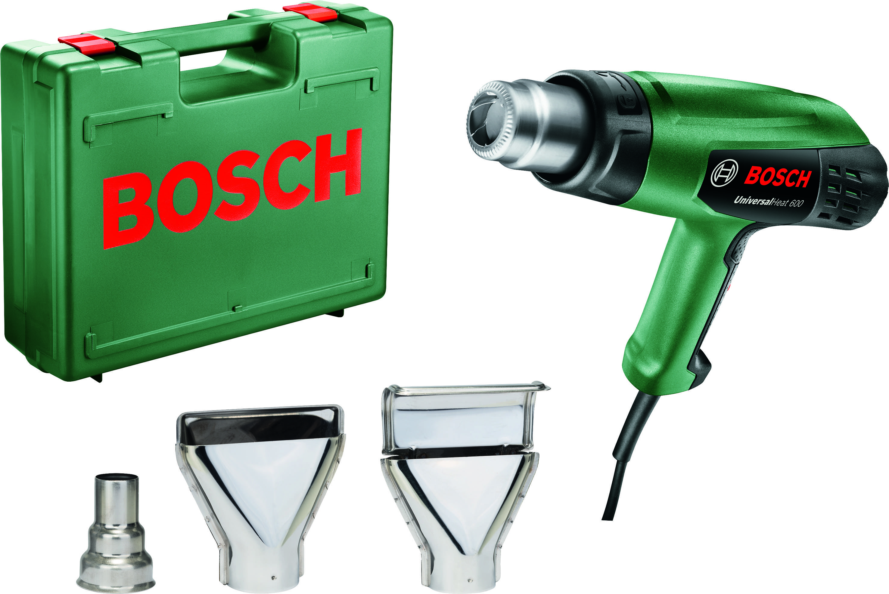 De afbeelding toont een Bosch heteluchtpistool met een groene koffer en drie mondstukken.