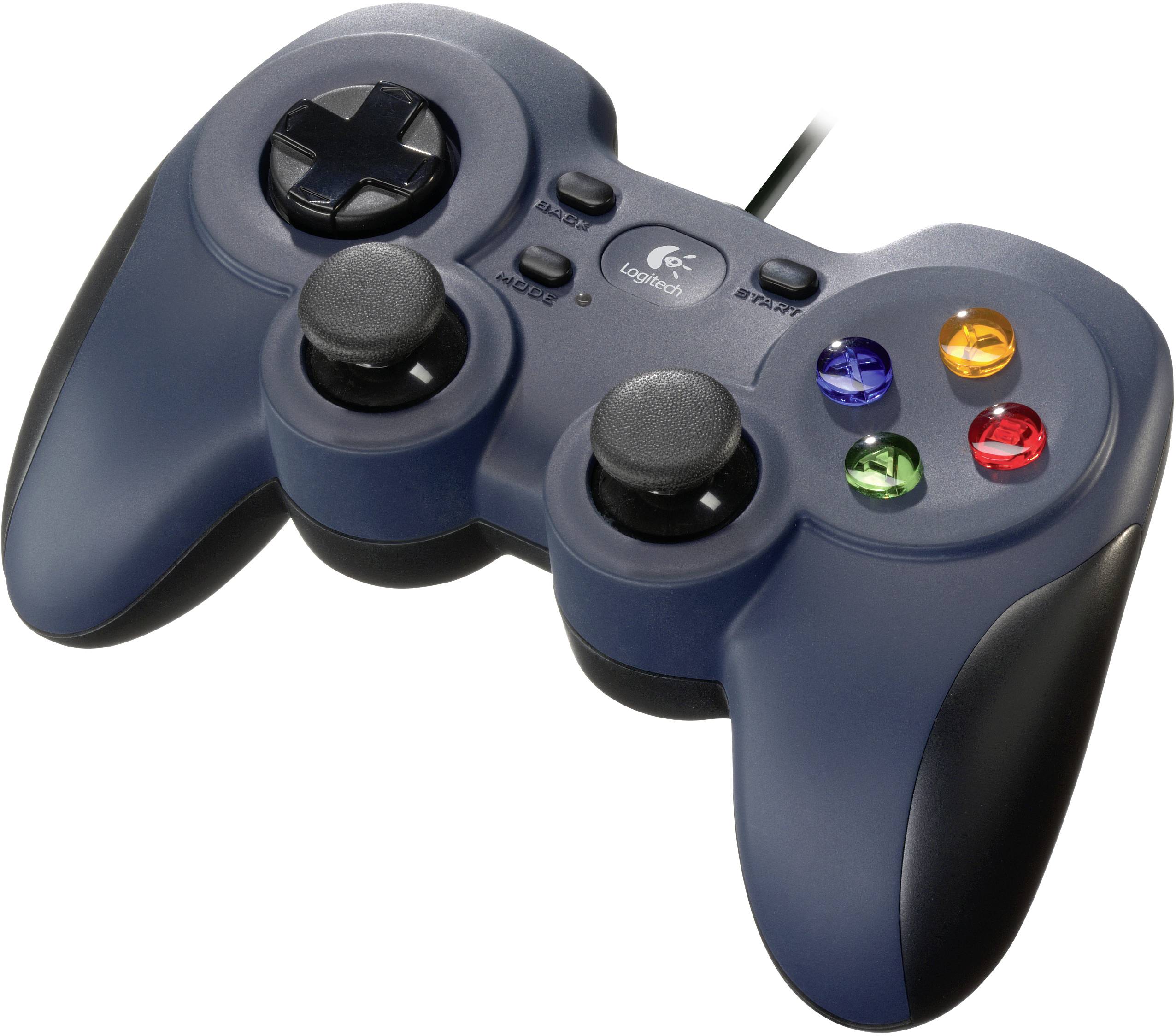 Een gaming-controller met twee joysticks, vier gekleurde knoppen, een D-pad en schouderknoppen.
