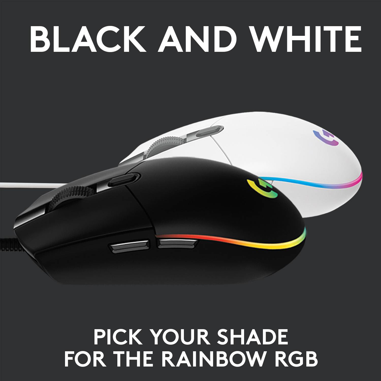 'Zwart-Wit' - Twee gaming-muizen, één zwart, één wit, met RGB-verlichting. Tekst onderaan: 'Kies je kleurenschakering voor Rainbow-RGB'.
