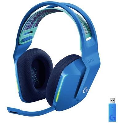 Draadloze, blauwe gaming-headset met microfoon en USB-ontvanger. Het 'G733' zegel en 'G'-logo zijn zichtbaar op de oorschelp.
