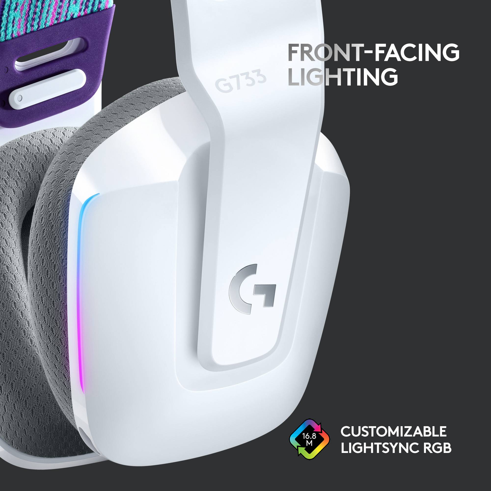 Witte gaming-koptelefoon met grijze oorkussens, oplichtend in RGB-kleuren. Tekst: 'Voorwaarts gerichte verlichting'. 16,8M aanpasbare kleuren.
