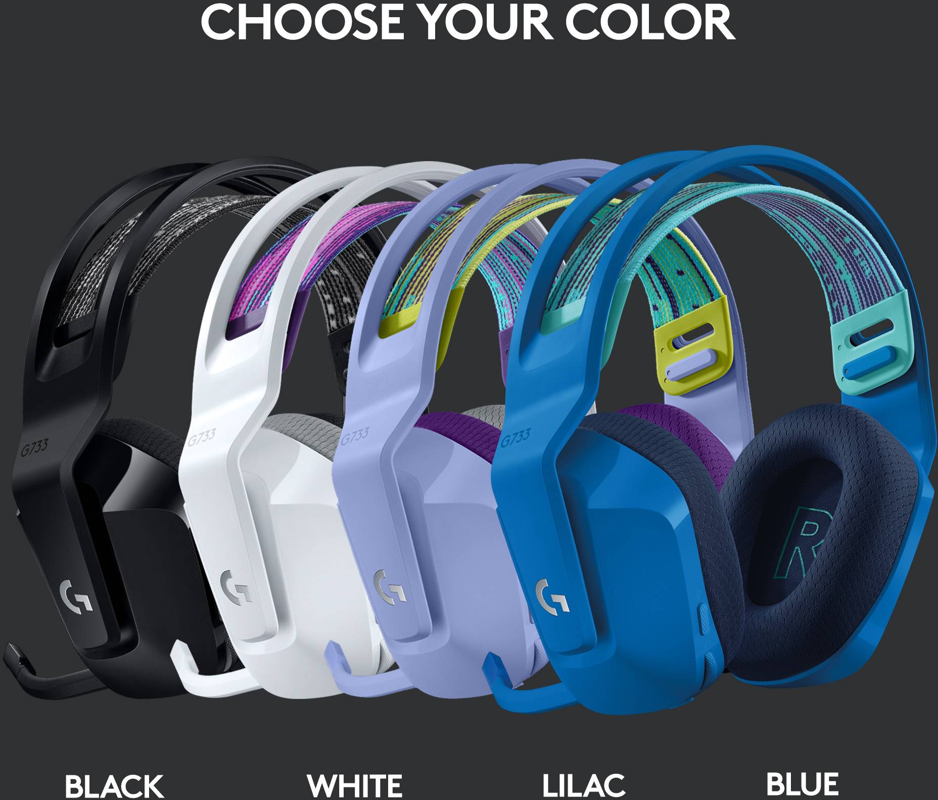 Vijf gaming-headsets in verschillende kleuren (Zwart, Wit, Paars, Blauw) naast elkaar, met de tekst 'KIES JE KLEUR'.