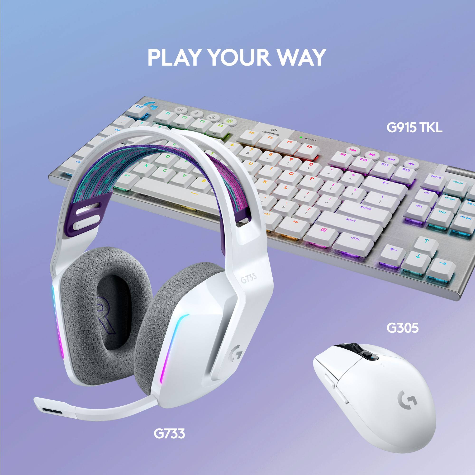 De afbeelding toont een Logitech Gaming-set bestaande uit een wit toetsenbord, een grijs headset en een witte muis met de titel 'Speel op jouw manier'.