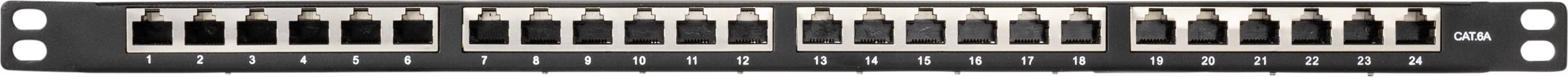 Patchpanel met 24 poorten voor netwerkaansluiting. Elke poort is genummerd en helpt bij de organisatie en aansluiting van netwerkkabels.