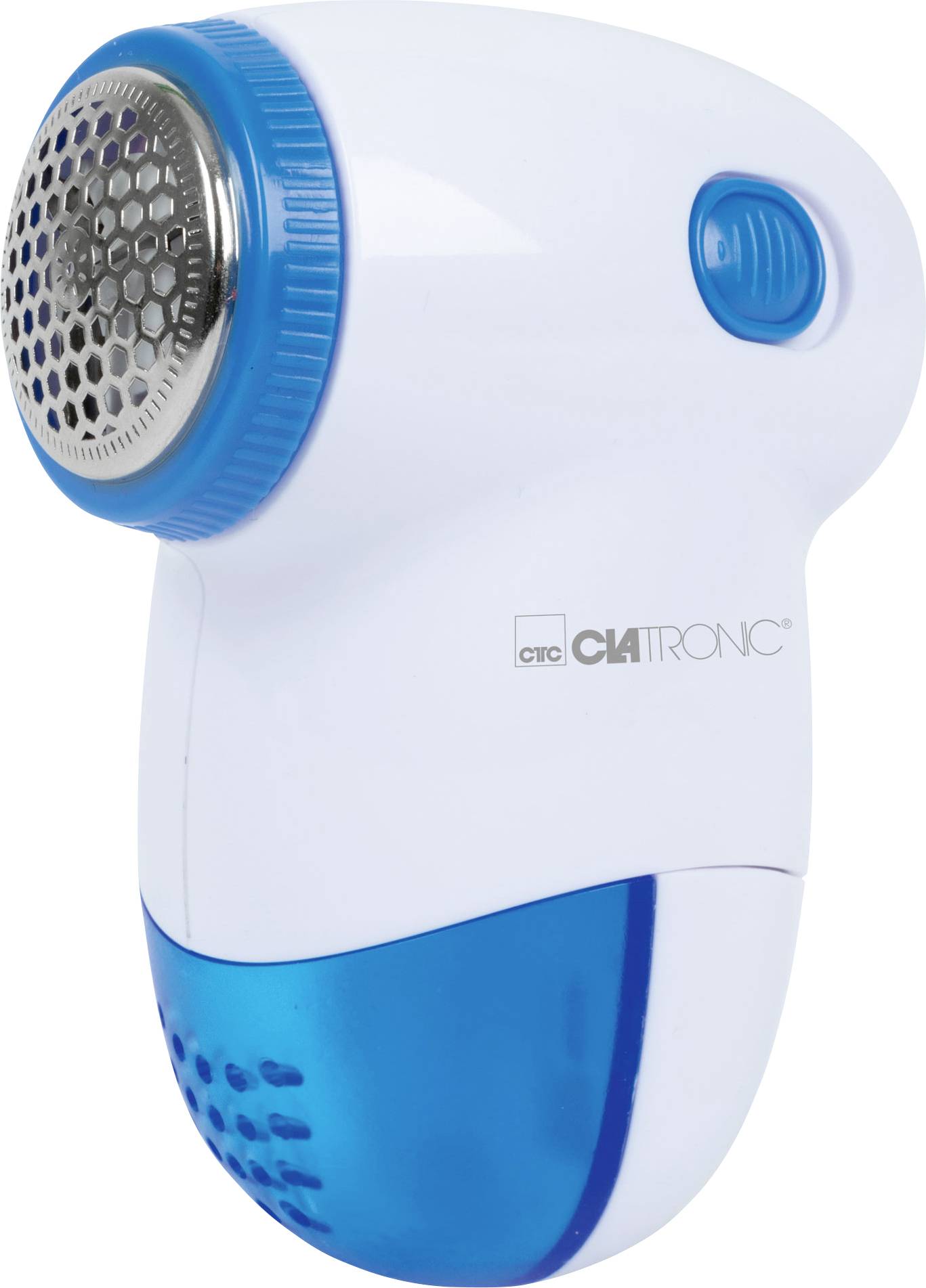 Een wit-blauwe pluizenverwijderaar voor textiel met een rond metalen rooster aan de voorkant en een blauwe opvangbak onderaan.