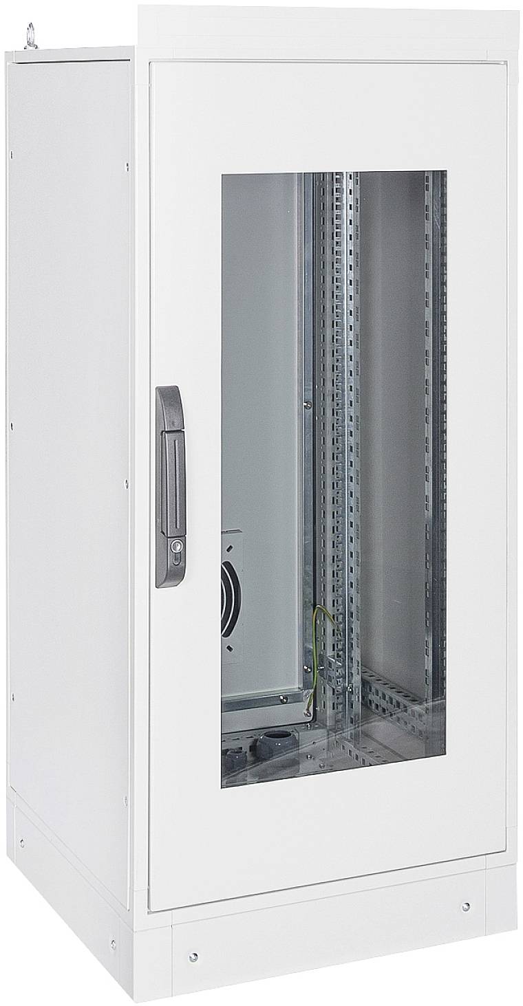 Een witte serverbehuizing met glazen deur, geschikt voor het opslaan van server- of netwerkapparatuur.