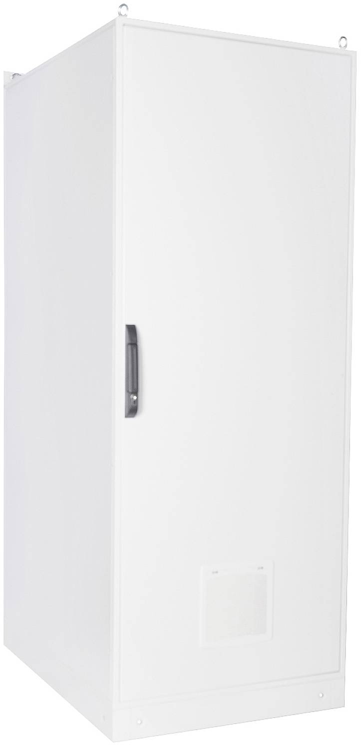 Een witte metalen kast met een zwarte handgreep, vrijstaand, zonder zichtbare markeringen of versieringen.