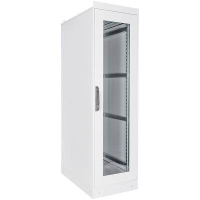 Een witte serverrack met glazen deur, geschikt voor het opbergen van IT-apparatuur, netwerkapparatuur en bekabeling.