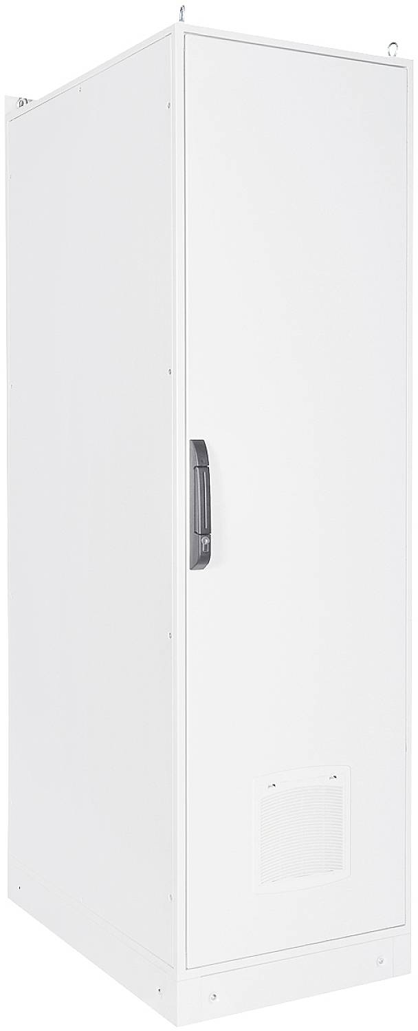 Een witte serverbehuizing met een donkere deurgreep aan de voordeur, geschikt voor het herbergen van IT-apparatuur.