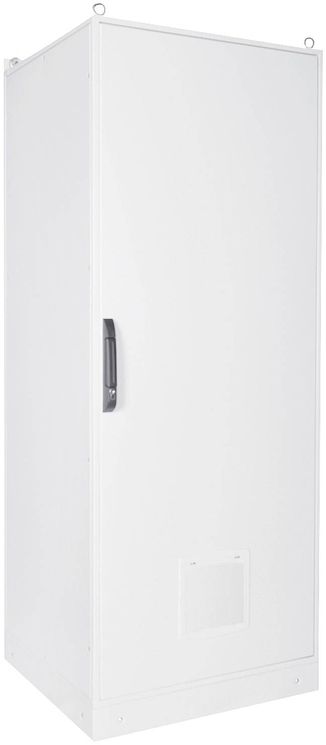 Een witte, gesloten metalen kast met een deur die voorzien is van een zwarte handgreep, staat rechtop.