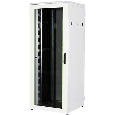 Een lege, witte serverrack met glazen deur, geschikt voor het plaatsen van IT-hardware, staand op vier kleine voeten.