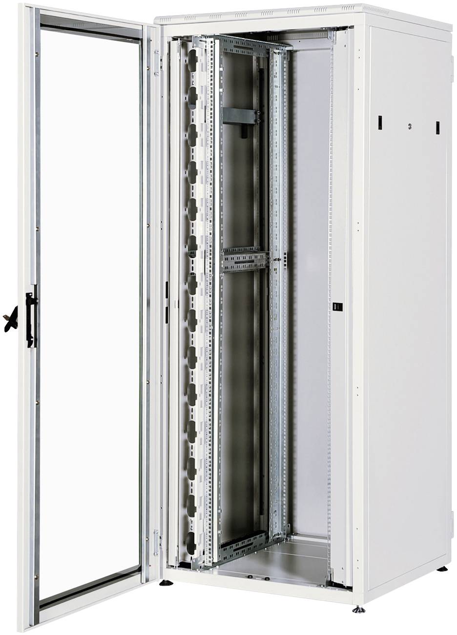 Open metalen serverrek met een glazen deurtje. Het rek is leeg en staat op de vloer.